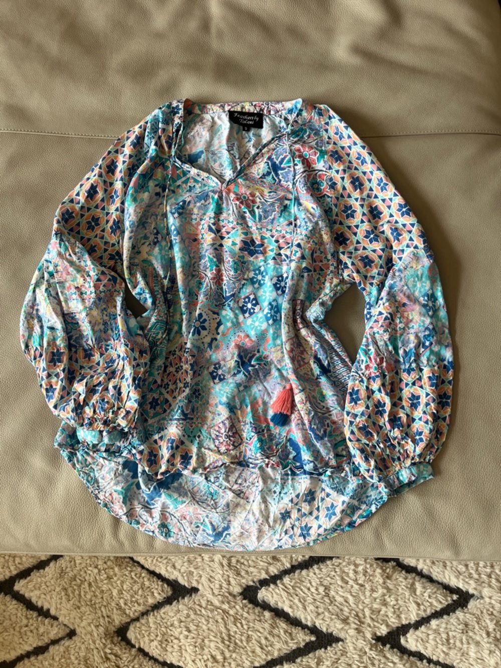Anthropologie Feathers by Tolani Teal & Coral Boho Tunic w Tassel Tie